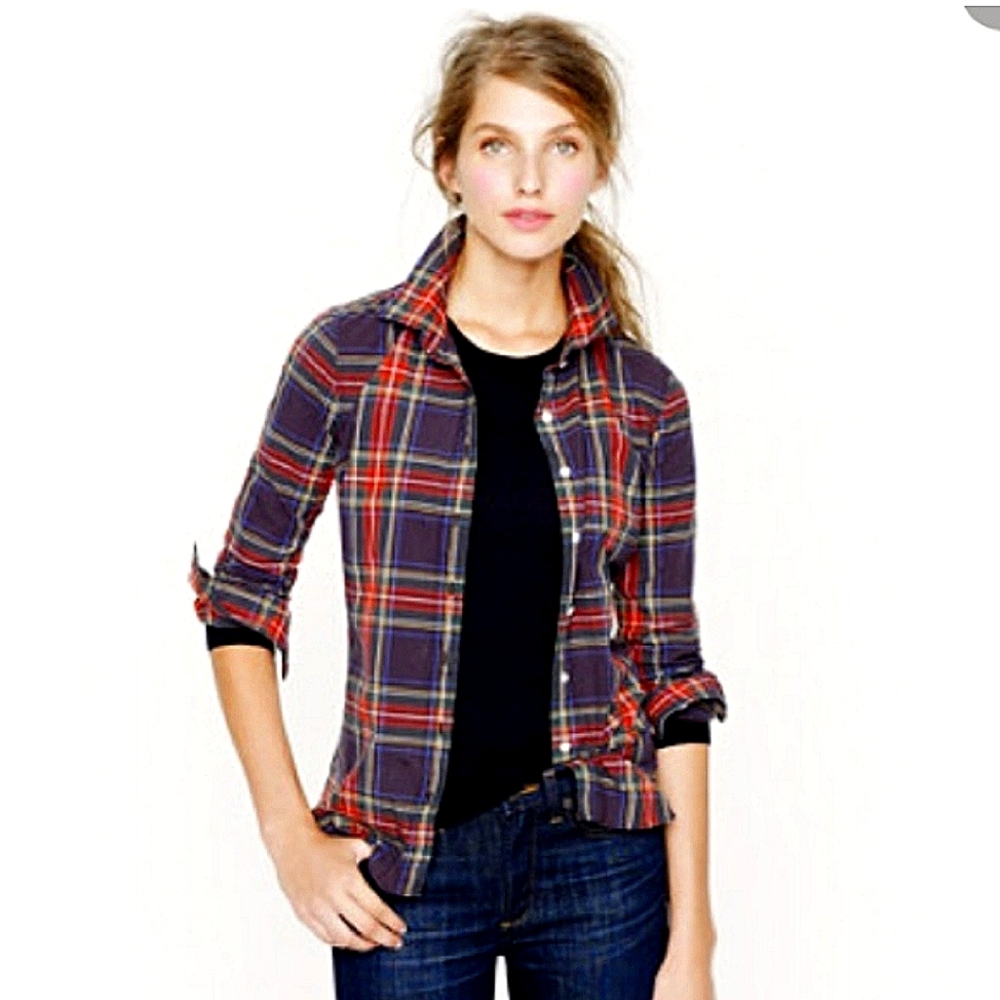 NEW J. Crew Perfect Shirt in Stewart Tartain Plaid Button-Up Shirt Red & Blue XS